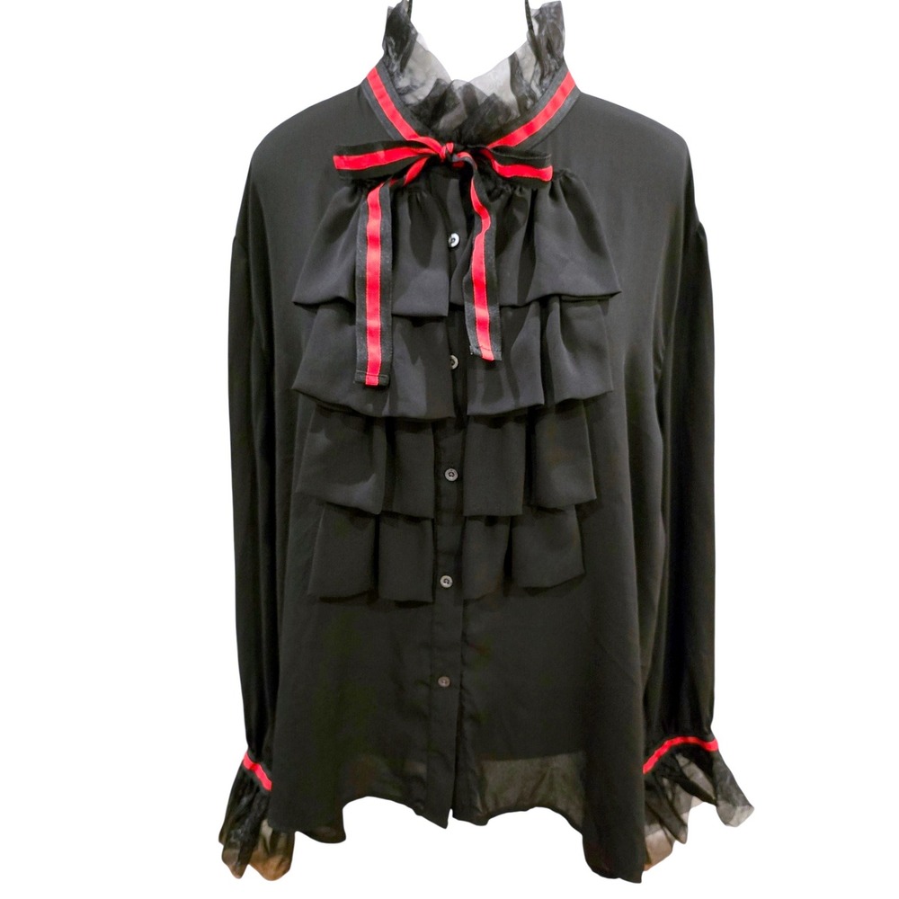 Dice Womens 3X Black Ruffle Blouse Red Ribbon Bow Gothic Victorian Plus Size